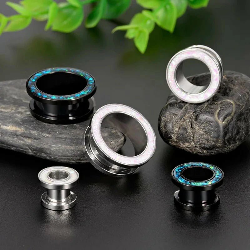 1 Pair Gauges Earrings Circle Fake Opal Tunnels Ear Plugs - QIAO CrystalQIAO CrystalQIAO Crystal