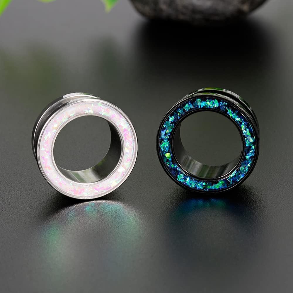 1 Pair Gauges Earrings Circle Fake Opal Tunnels Ear Plugs - QIAO CrystalQIAO CrystalQIAO Crystal