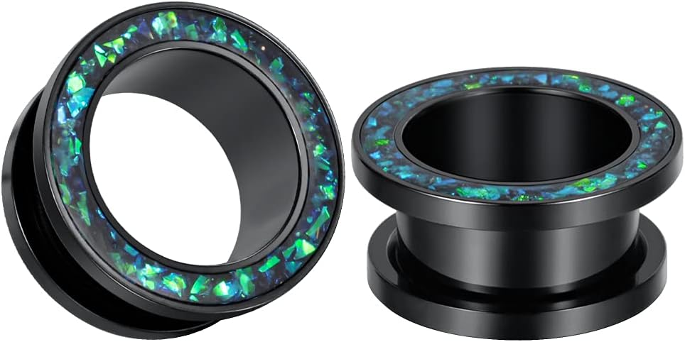 1 Pair Gauges Earrings Circle Fake Opal Tunnels Ear Plugs - QIAO CrystalQIAO CrystalQIAO Crystal