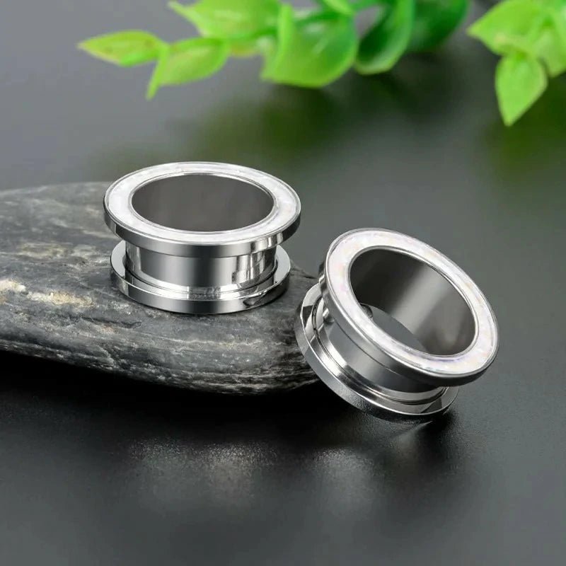 1 Pair Gauges Earrings Circle Fake Opal Tunnels Ear Plugs - QIAO CrystalQIAO CrystalQIAO Crystal
