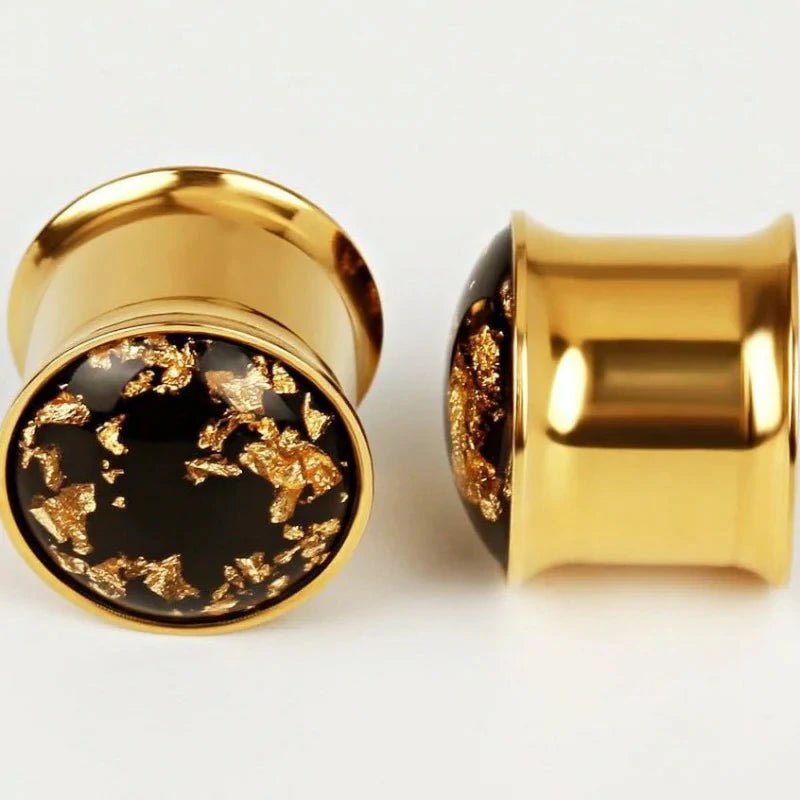 1 Pair Simple Golden Gold - foil Ear Plugs Tunnels Gauges Stretcher Piercings - QIAO CrystalQIAO CrystalQIAO Crystal