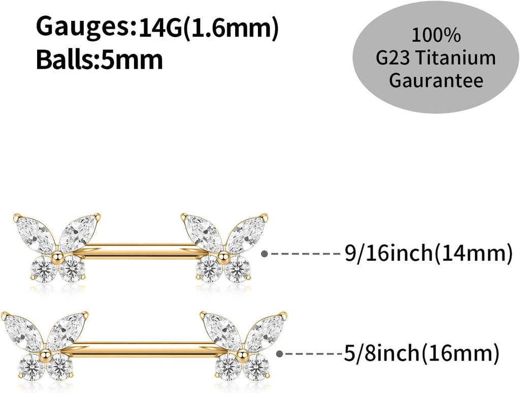 1 Pair Titanium Nipple Piercing Jewelry Butterfly Cube Zircon Nipple Rings Nipple Barbell Internally Threaded Nipple Bars Bridge Piercing Jewelry - QIAO CrystalQIAO CrystalQIAO Crystal