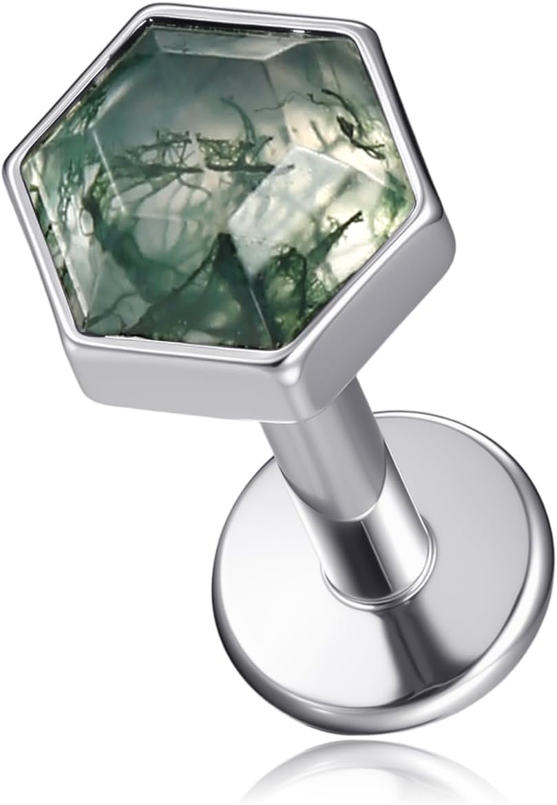 1 Piece Labret Lip Piercing 16G ASTM F136 Titanium Synthetic Natural Stone Silvery Ear Cartilage - QIAO CrystalQIAO CrystalQIAO Crystal