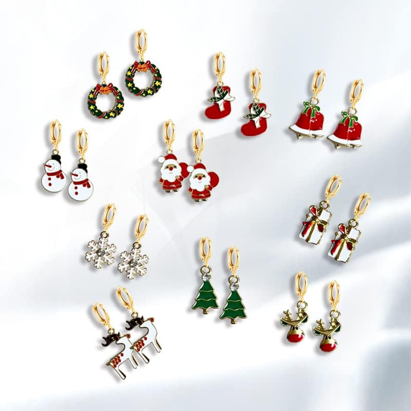 10 Pairs Christmas Hoop Huggie Earrings for Women Christmas Stud Earrings Christmas Trees Bells Snowflakes Earrings for Thanksgiving Xmas Holiday Jewelry - 我的商店我的商店我的商店