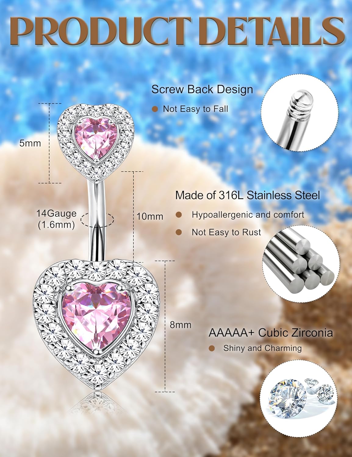 10 Pcs 14K Gold Plated Belly Button Ring - Dangle Surgical Stainless Steel Belly Rings for Women 14G CZ Heart Opal Clicker Floating Navel Belly Button Piercing Silver/14K Gold Plated/Pink - 我的商店我的商店我的商店