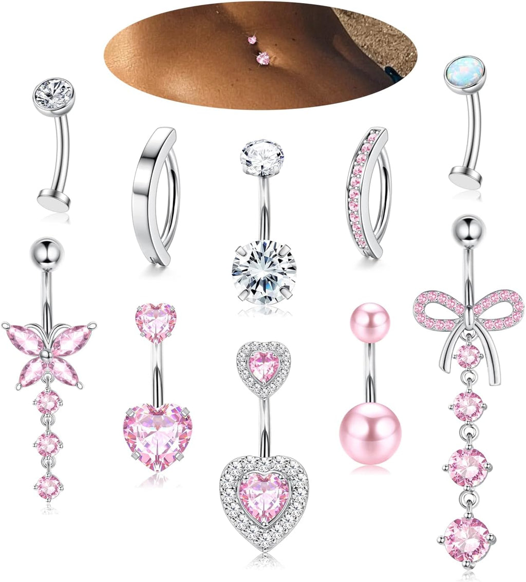10 Pcs 14K Gold Plated Belly Button Ring - Dangle Surgical Stainless Steel Belly Rings for Women 14G CZ Heart Opal Clicker Floating Navel Belly Button Piercing Silver/14K Gold Plated/Pink - 我的商店我的商店我的商店