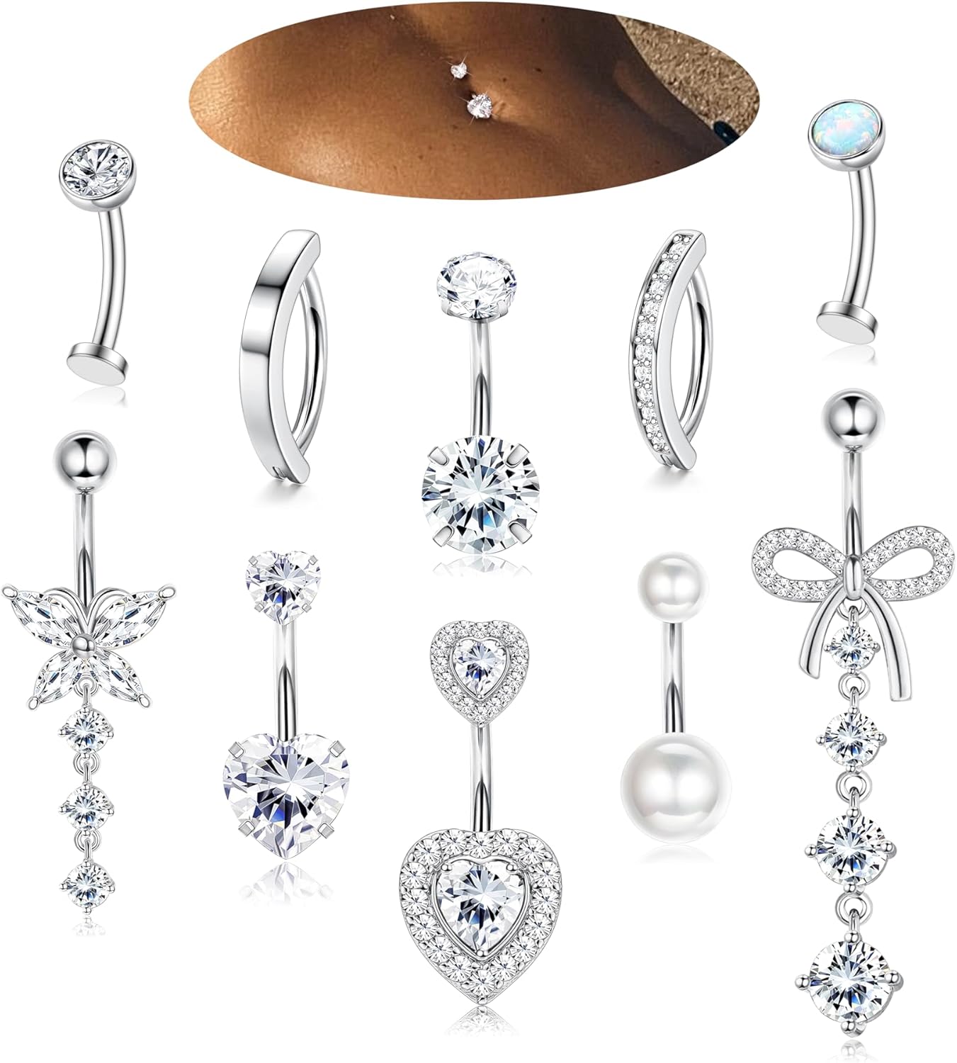 10 Pcs 14K Gold Plated Belly Button Ring - Dangle Surgical Stainless Steel Belly Rings for Women 14G CZ Heart Opal Clicker Floating Navel Belly Button Piercing Silver/14K Gold Plated/Pink - 我的商店我的商店我的商店