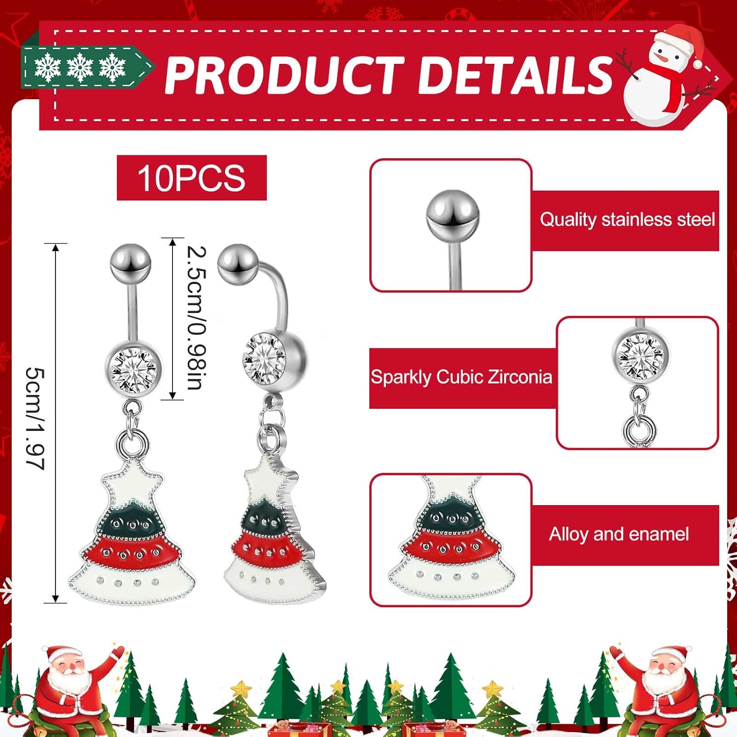 10 Pcs Christmas Belly Button Rings Piercing Santa Belly Rings Long Dangle Stainless Steel Navel Rings Belly Button Rings Set for Women Winter Holiday, 10 Styles - 我的商店我的商店我的商店