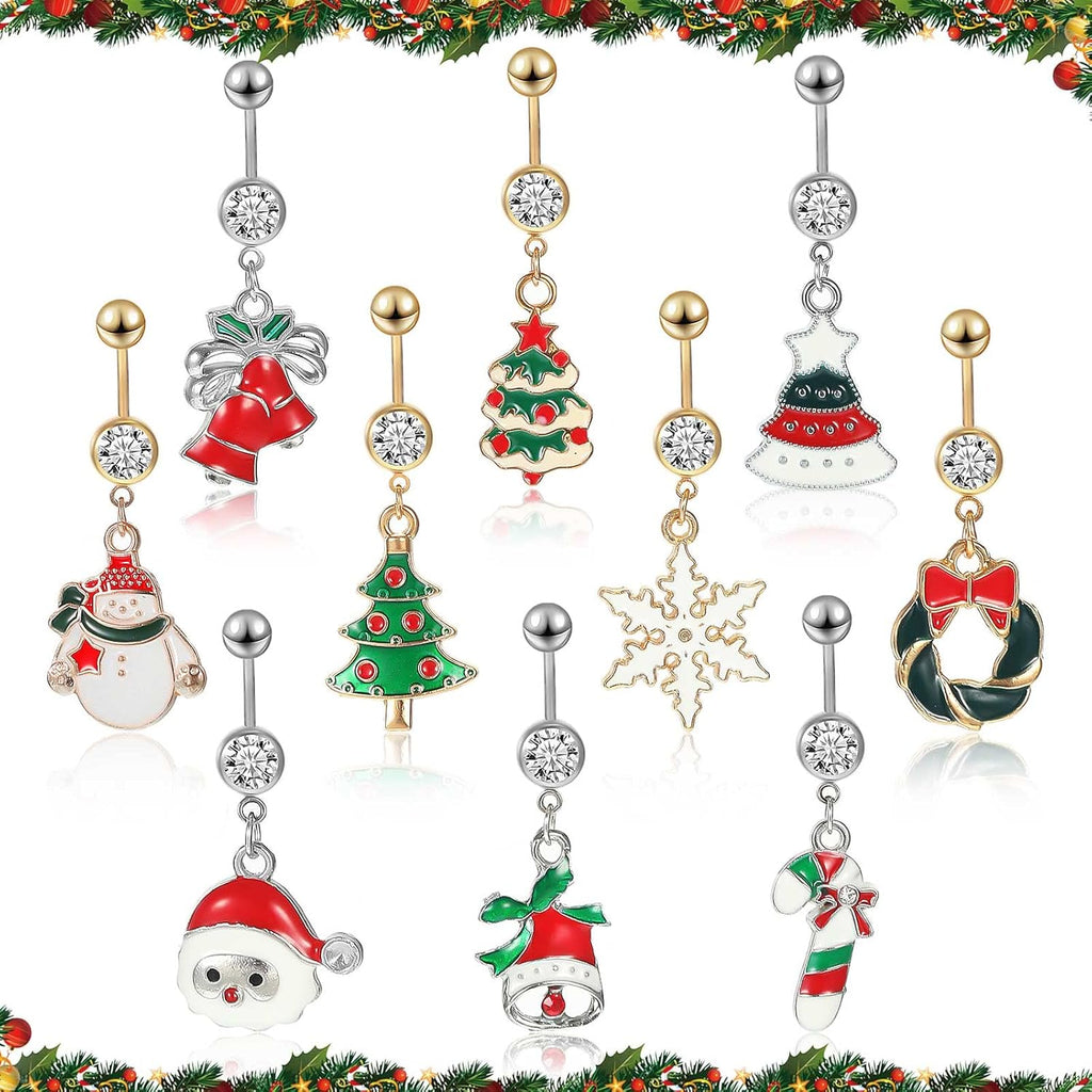 10 Pcs Christmas Belly Button Rings Piercing Santa Belly Rings Long Dangle Stainless Steel Navel Rings Belly Button Rings Set for Women Winter Holiday, 10 Styles - 我的商店我的商店我的商店