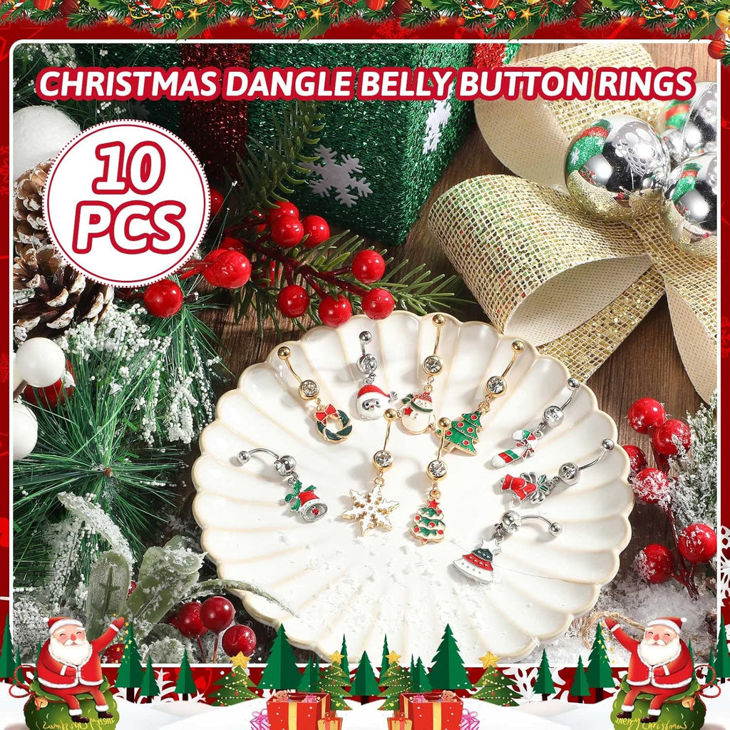 10 Pcs Christmas Belly Button Rings Piercing Santa Belly Rings Long Dangle Stainless Steel Navel Rings Belly Button Rings Set for Women Winter Holiday, 10 Styles - 我的商店我的商店我的商店