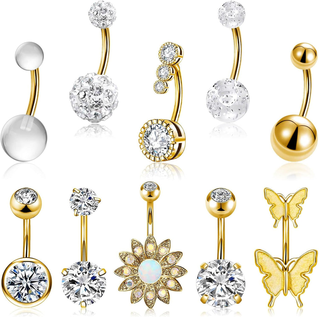 10 Pcs Hypoallergenic Belly Button Rings, 14G Surgical Steel Belly Piercing Jewelry With Cubic Zirconia Diamond Barbs - 我的商店我的商店我的商店