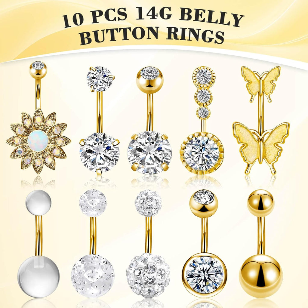 10 Pcs Hypoallergenic Belly Button Rings, 14G Surgical Steel Belly Piercing Jewelry With Cubic Zirconia Diamond Barbs - 我的商店我的商店我的商店