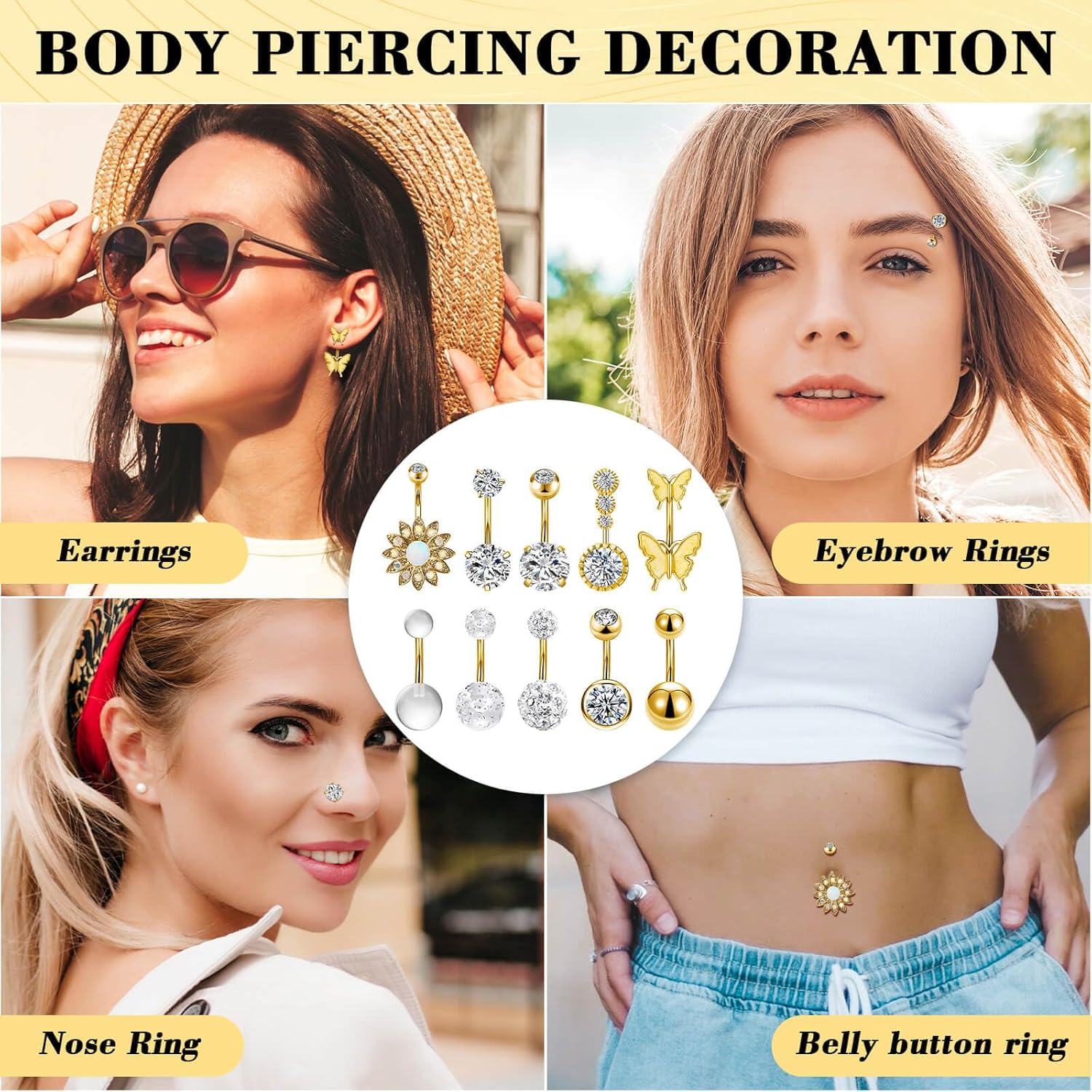 10 Pcs Hypoallergenic Belly Button Rings, 14G Surgical Steel Belly Piercing Jewelry With Cubic Zirconia Diamond Barbs - 我的商店我的商店我的商店