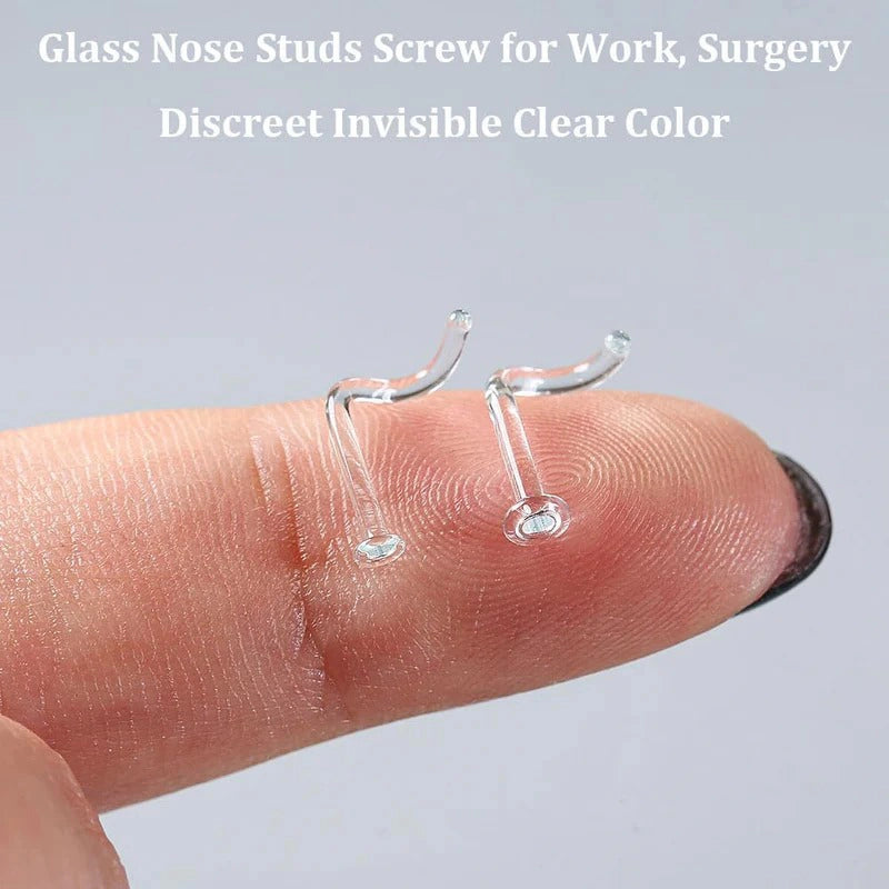 10Pcs Glass Clear Nose Studs Screw for Work,Surgery, 18g/16g Glass Nose Piercing Retainer for Sport, MRIs, CT, Hypoallergenic Flat Top Invisible Nose Rings Studs