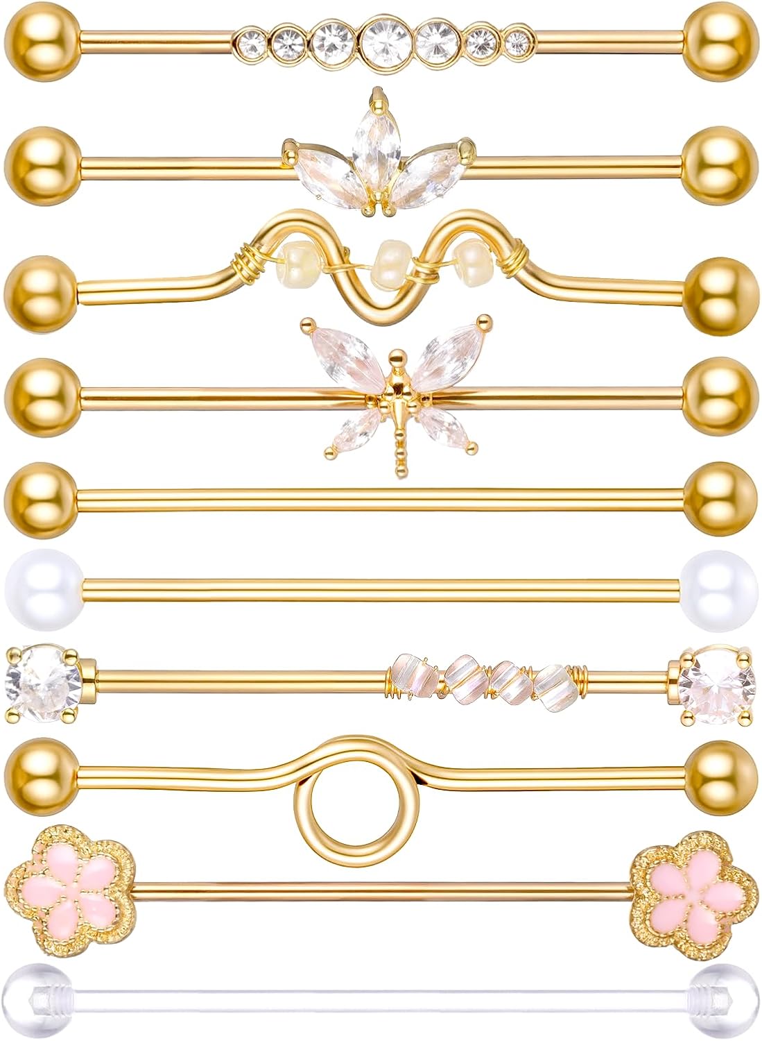 10Pcs 14G Industrial Piercing Jewelry Surgical Steel Industrial Barbell Earrings Cartilage Helix - QIAO CrystalQIAO CrystalQIAO Crystal