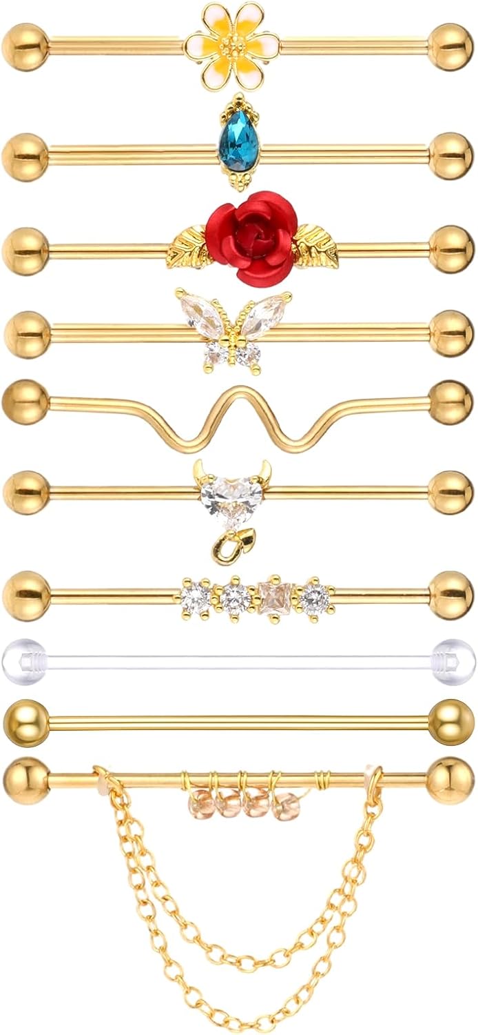 10Pcs 14G Industrial Piercing Jewelry Surgical Steel Industrial Barbell Earrings Cartilage Helix - QIAO CrystalQIAO CrystalQIAO Crystal