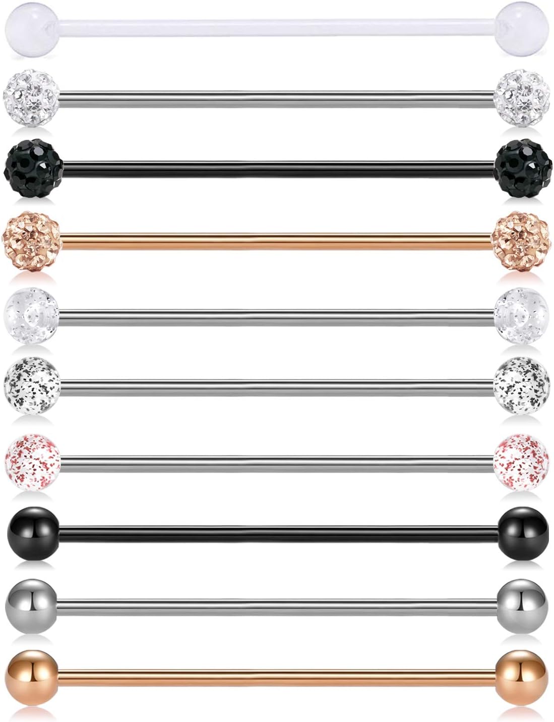 10pcs 14G Stainless Steel Industrial Barbell Earring Cartilage Body Piercing Jewelry - QIAO CrystalQIAO CrystalQIAO Crystal