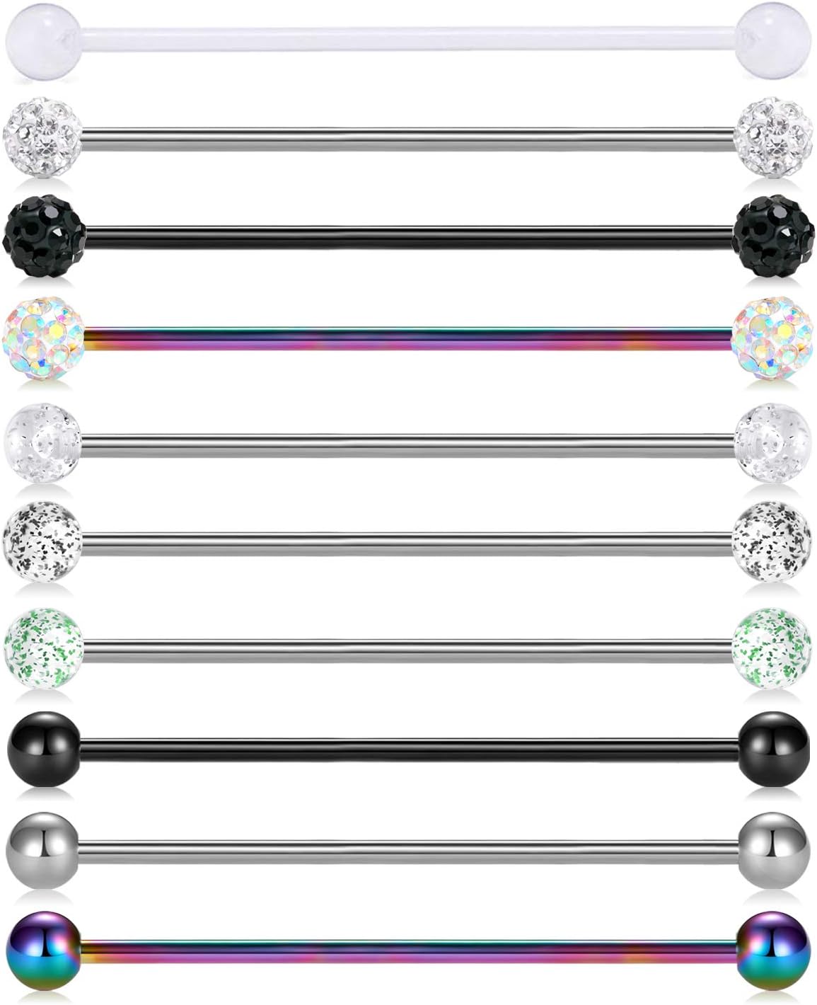 10pcs 14G Stainless Steel Industrial Barbell Earring Cartilage Body Piercing Jewelry - QIAO CrystalQIAO CrystalQIAO Crystal