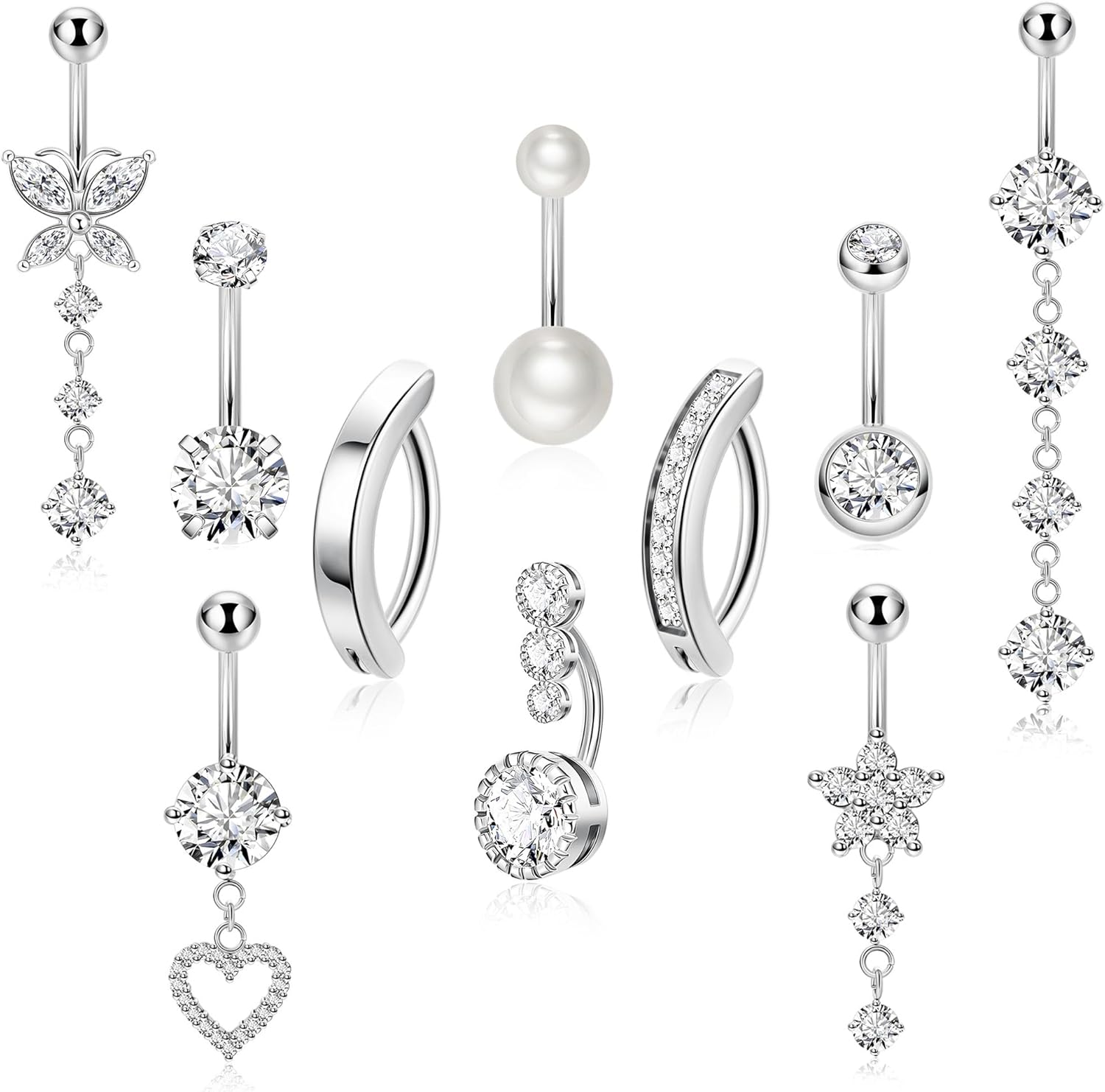 10pcs 14k Gold Plated 14G Belly Button Rings for Women Surgical Steel Dangle Belly Rings CZ Clicker Belly Button Rings Hypoallergenic Heart Flower Butterfly Navel Piercing Jewelry - 我的商店我的商店我的商店