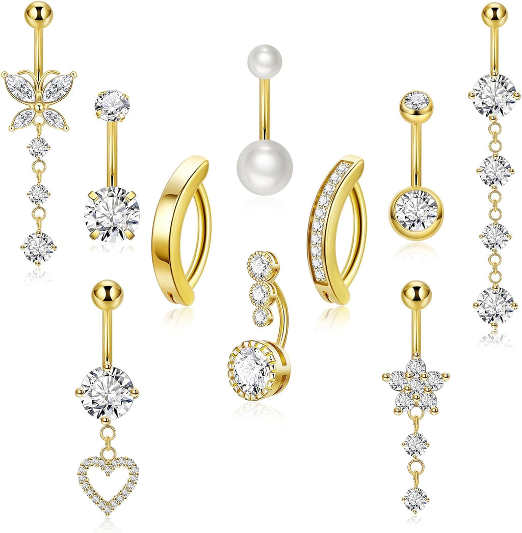 10pcs 14k Gold Plated 14G Belly Button Rings for Women Surgical Steel Dangle Belly Rings CZ Clicker Belly Button Rings Hypoallergenic Heart Flower Butterfly Navel Piercing Jewelry - 我的商店我的商店我的商店