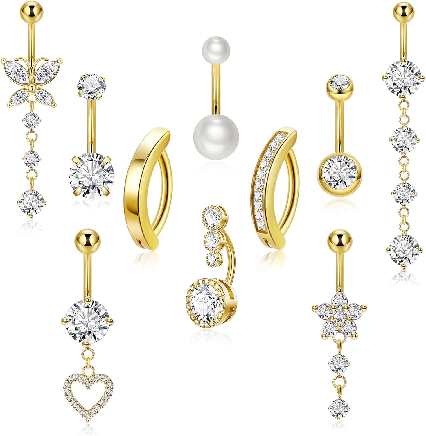 10pcs 14k Gold Plated 14G Belly Button Rings for Women Surgical Steel Dangle Belly Rings CZ Clicker Belly Button Rings Hypoallergenic Heart Flower Butterfly Navel Piercing Jewelry - 我的商店我的商店我的商店