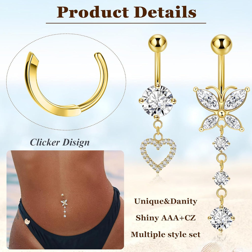 10pcs 14k Gold Plated 14G Belly Button Rings for Women Surgical Steel Dangle Belly Rings CZ Clicker Belly Button Rings Hypoallergenic Heart Flower Butterfly Navel Piercing Jewelry - 我的商店我的商店我的商店