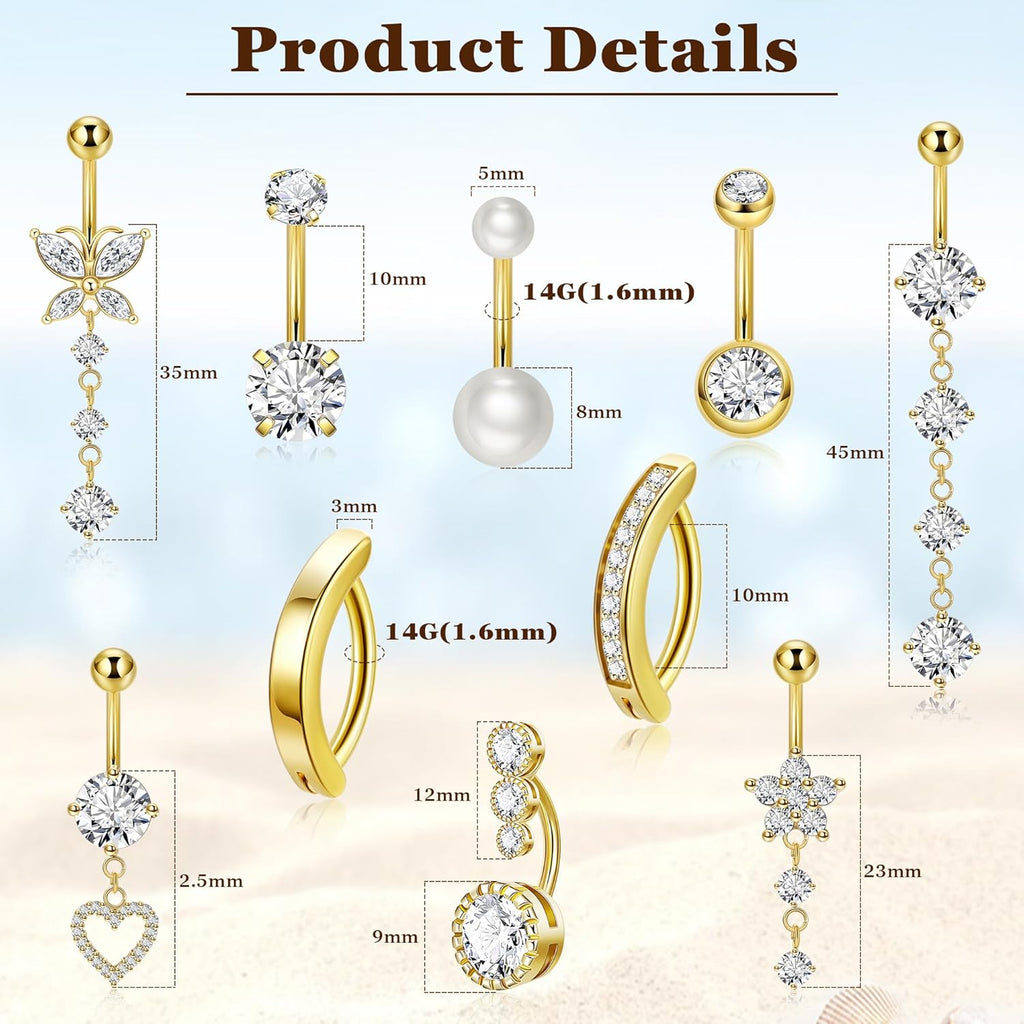 10pcs 14k Gold Plated 14G Belly Button Rings for Women Surgical Steel Dangle Belly Rings CZ Clicker Belly Button Rings Hypoallergenic Heart Flower Butterfly Navel Piercing Jewelry - 我的商店我的商店我的商店