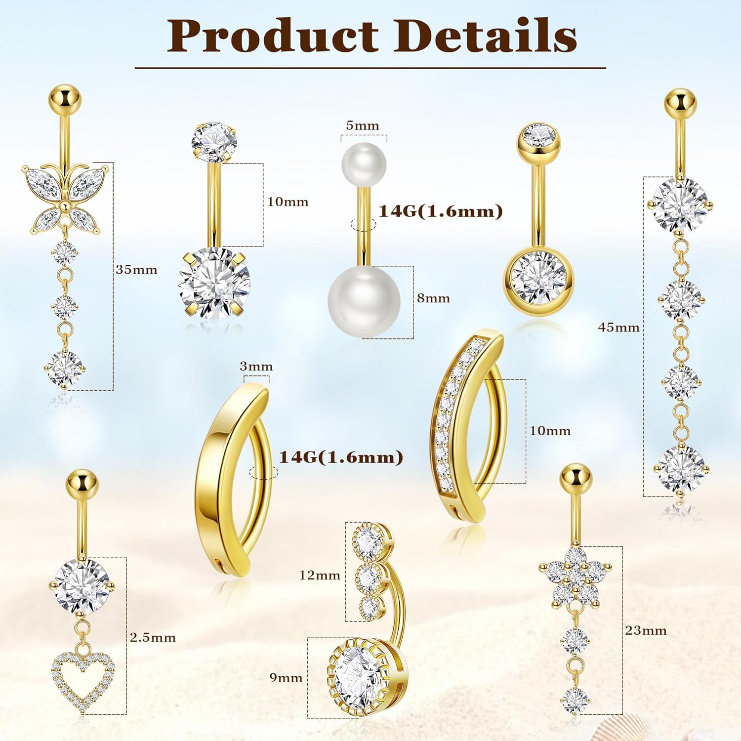 10pcs 14k Gold Plated 14G Belly Button Rings for Women Surgical Steel Dangle Belly Rings CZ Clicker Belly Button Rings Hypoallergenic Heart Flower Butterfly Navel Piercing Jewelry - 我的商店我的商店我的商店