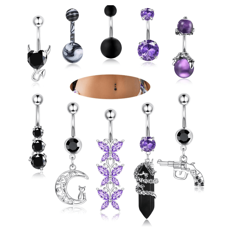 10Pcs Belly Button Rings Surgical Stainless Steel CZ Heart Dragon Butterfly Dangle - QIAO Crystal我的商店QIAO Crystal