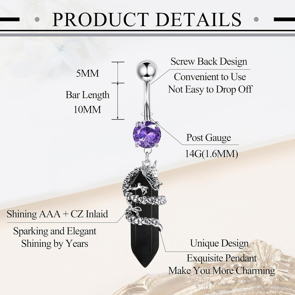 10Pcs Belly Button Rings Surgical Stainless Steel CZ Heart Dragon Butterfly Dangle Navel Rings for Women Barbell Piercing Jewelry - 我的商店我的商店我的商店