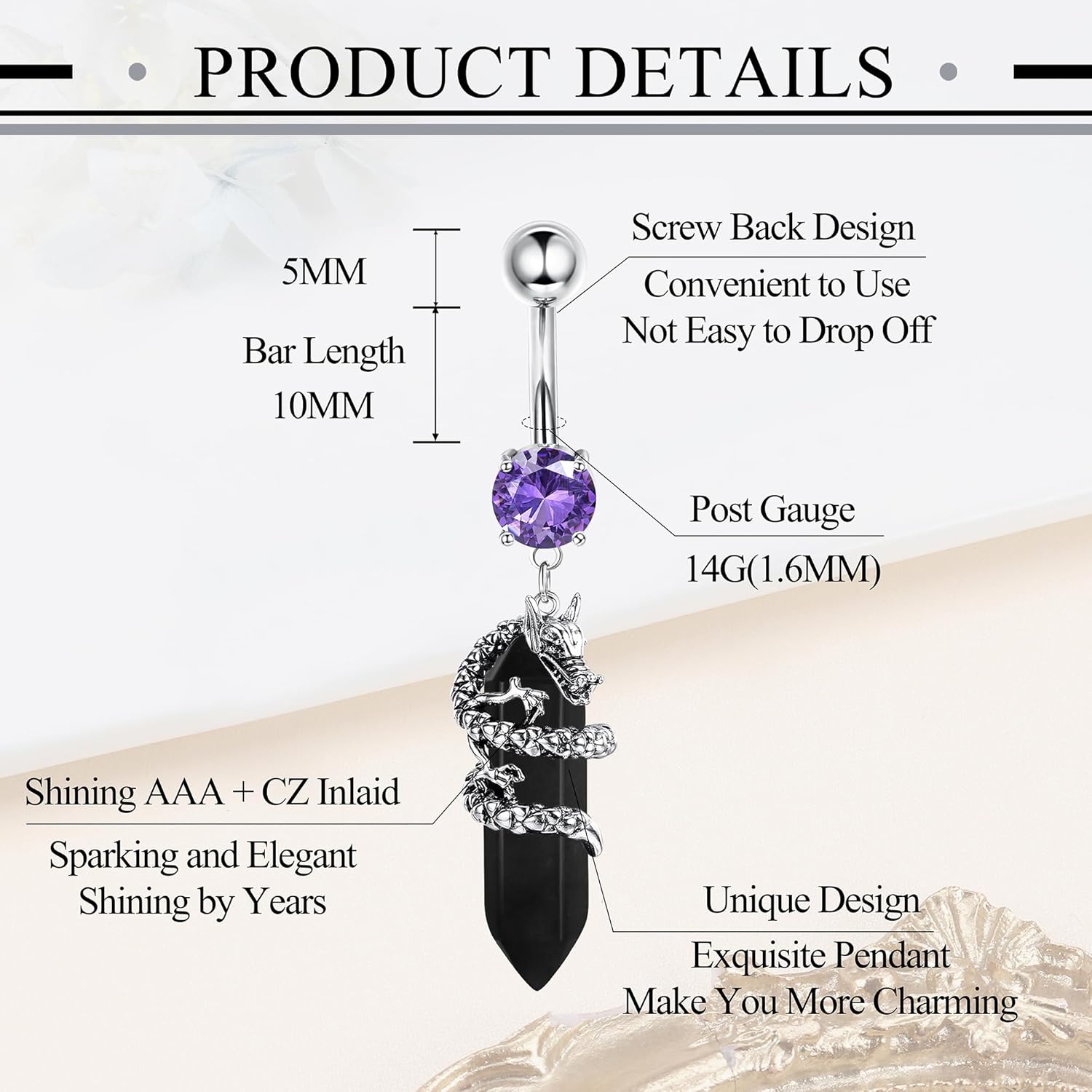 10Pcs Belly Button Rings Surgical Stainless Steel CZ Heart Dragon Butterfly Dangle Navel Rings for Women Barbell Piercing Jewelry - 我的商店我的商店我的商店