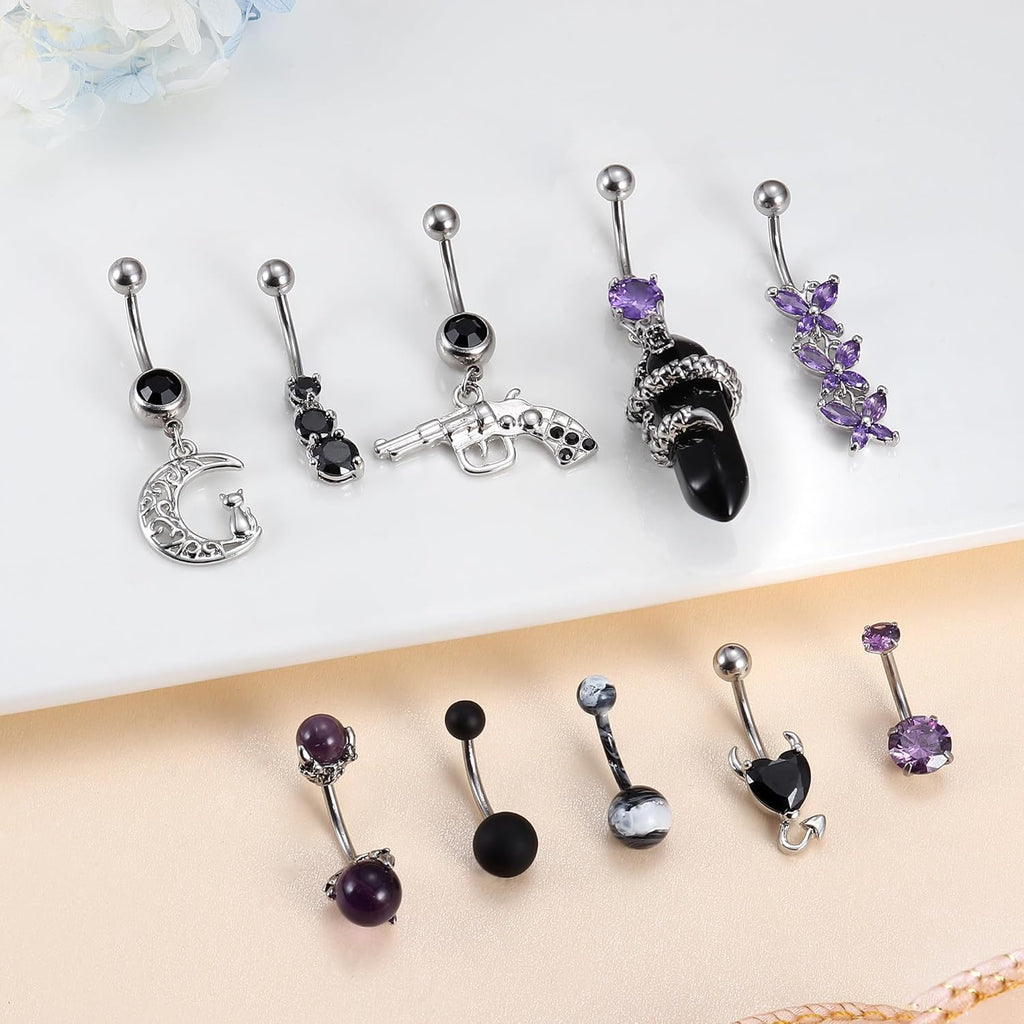 10Pcs Belly Button Rings Surgical Stainless Steel CZ Heart Dragon Butterfly Dangle Navel Rings for Women Barbell Piercing Jewelry - 我的商店我的商店我的商店