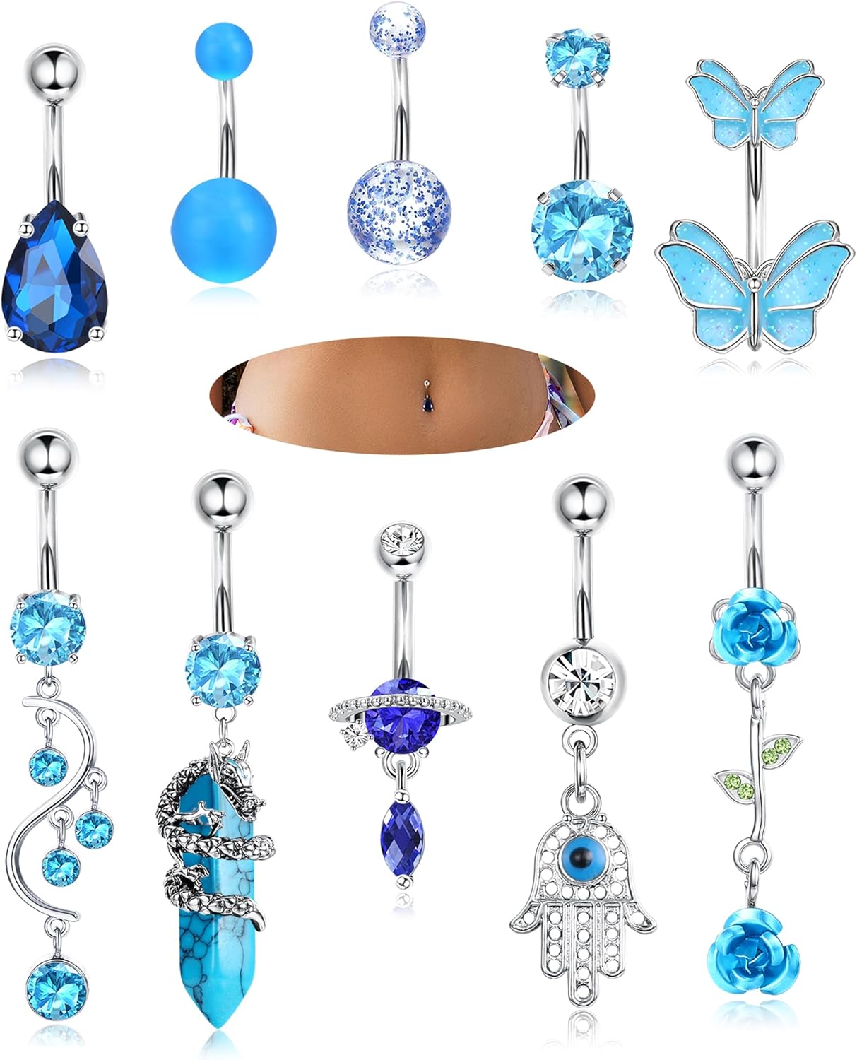 10Pcs Belly Button Rings Surgical Stainless Steel CZ Heart Dragon Butterfly Dangle Navel Rings for Women Barbell Piercing Jewelry - 我的商店我的商店我的商店