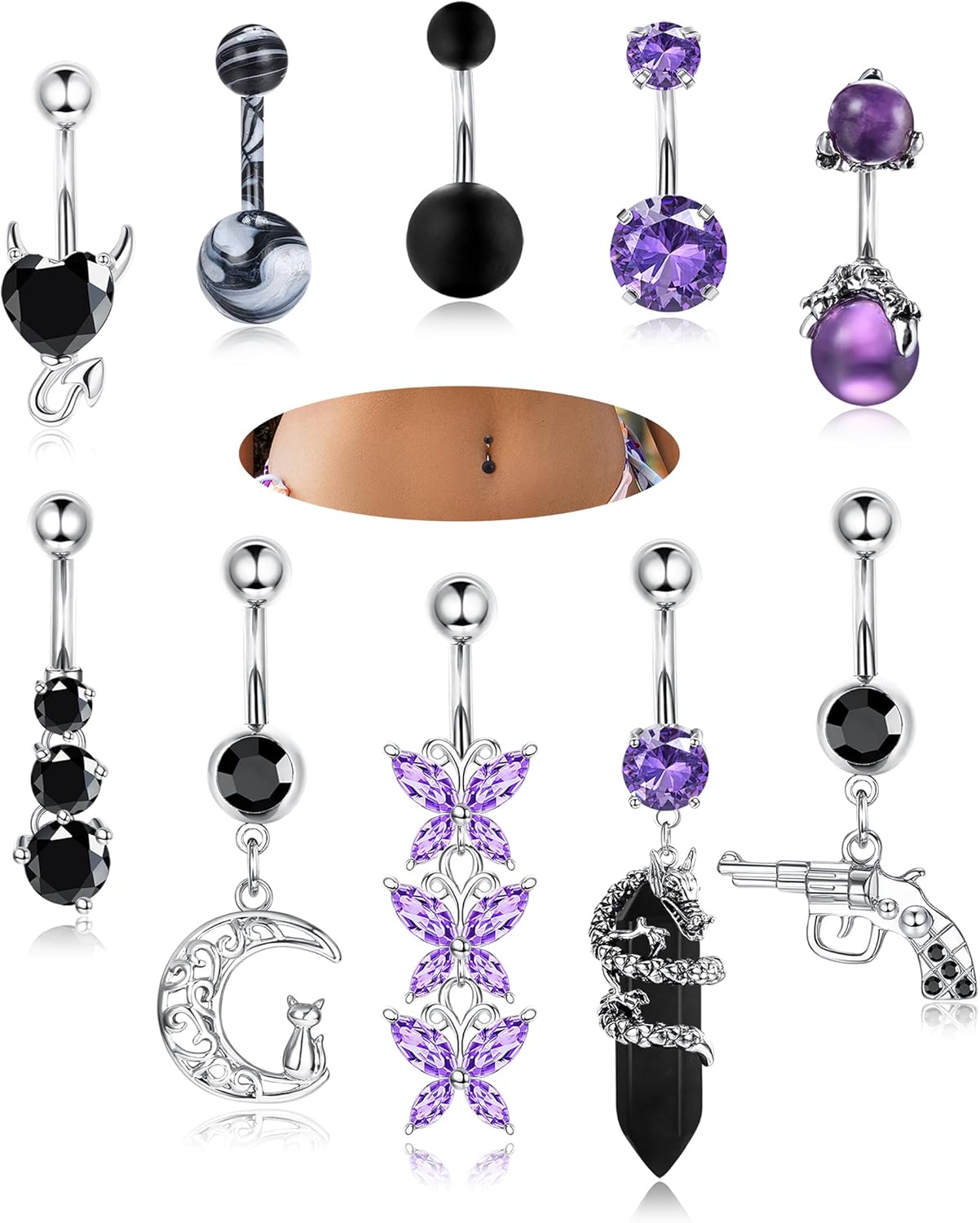 10Pcs Belly Button Rings Surgical Stainless Steel CZ Heart Dragon Butterfly Dangle Navel Rings for Women Barbell Piercing Jewelry - 我的商店我的商店我的商店