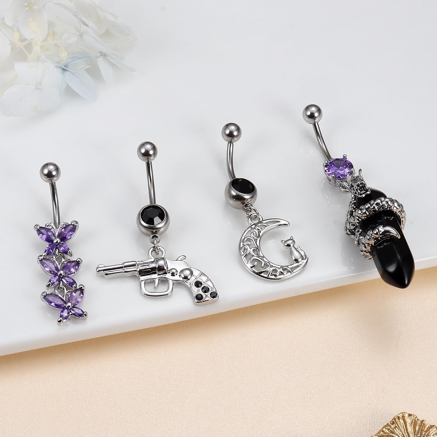 10Pcs Belly Button Rings Surgical Stainless Steel CZ Heart Dragon Butterfly Dangle Navel Rings for Women Barbell Piercing Jewelry - 我的商店我的商店我的商店