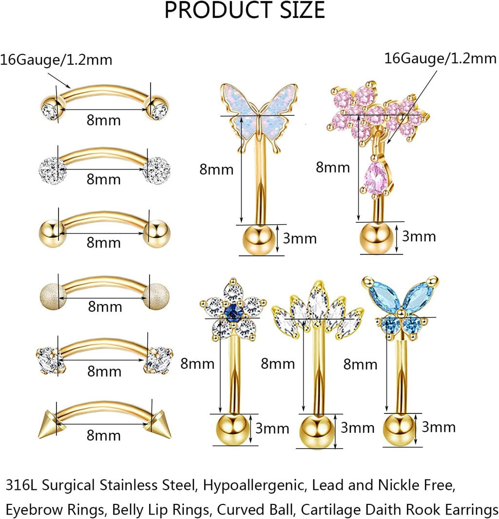 10Pcs Eyebrow Piercing Jewelry Eyebrow Rings 16G Curved Barbell Cartilage Earring Lip Belly Rings Daith Rook Earrings Helix Conch Piercing Tragus Earrings for Women Men - 我的商店我的商店我的商店