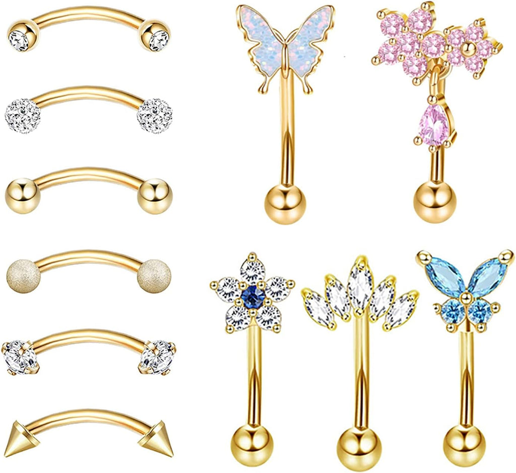 10Pcs Eyebrow Piercing Jewelry Eyebrow Rings 16G Curved Barbell Cartilage Earring Lip Belly Rings Daith Rook Earrings Helix Conch Piercing Tragus Earrings for Women Men - 我的商店我的商店我的商店