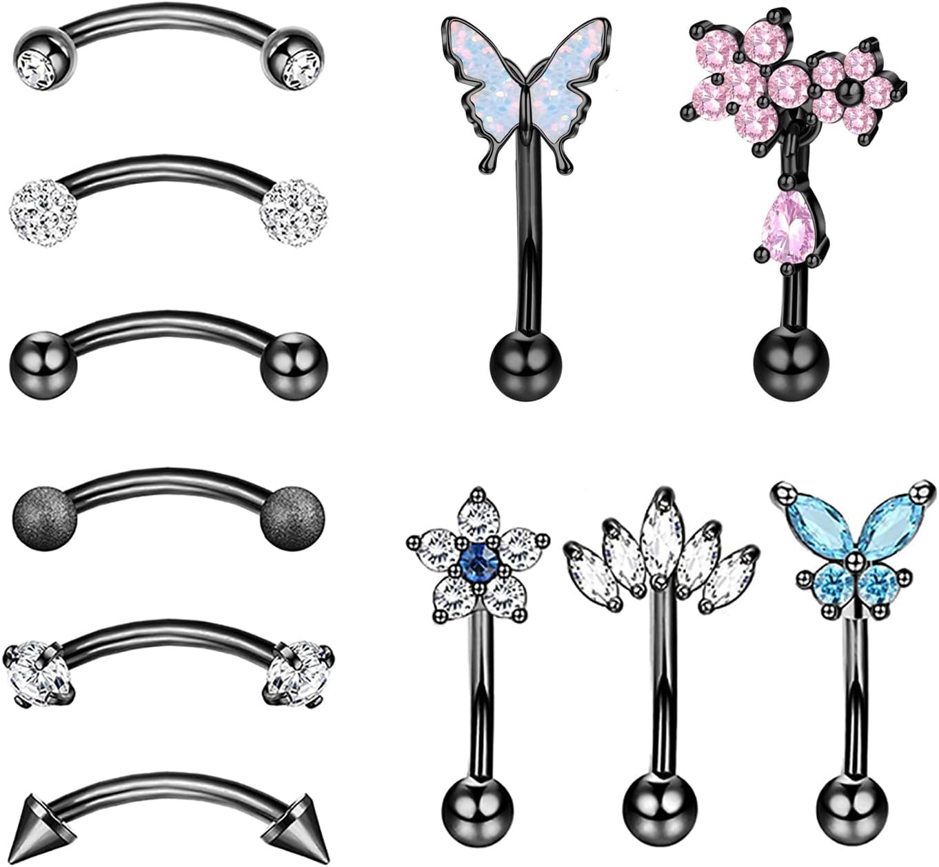10Pcs Eyebrow Piercing Jewelry Eyebrow Rings 16G Curved Barbell Cartilage Earring Lip Belly Rings Daith Rook Earrings Helix Conch Piercing Tragus Earrings for Women Men - 我的商店我的商店我的商店