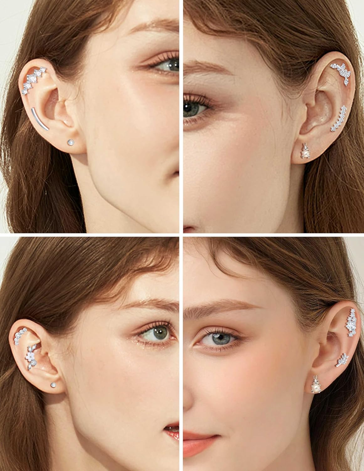 10Pcs Titanium Cartilage Earrings Stud Human Made Opal CZ Flower Star Leaf Ball Flat Back - QIAO CrystalQIAO CrystalQIAO Crystal