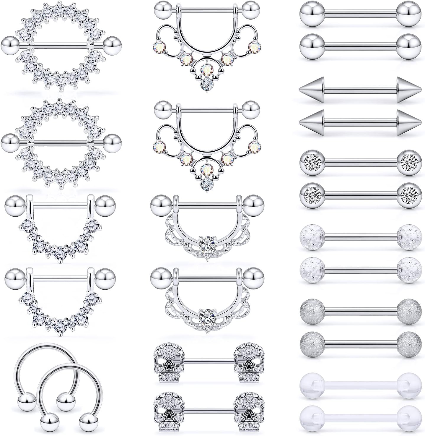 12 Pairs 14G Nipple Piercing Jewelry Surgical Steel Cubic Zirconia Nipple Rings Skull Nipple Piercing Jewelry for Women Men 14 Gauge Silver Black Rainbow Rose Gold - QIAO CrystalQIAO CrystalQIAO Crystal