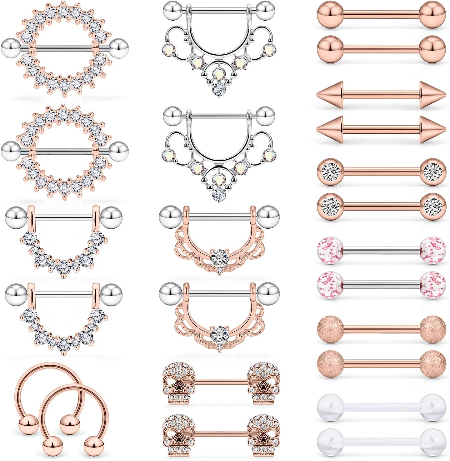 12 Pairs 14G Nipple Piercing Jewelry Surgical Steel Cubic Zirconia Nipple Rings Skull Nipple Piercing Jewelry for Women Men 14 Gauge Silver Black Rainbow Rose Gold - QIAO CrystalQIAO CrystalQIAO Crystal