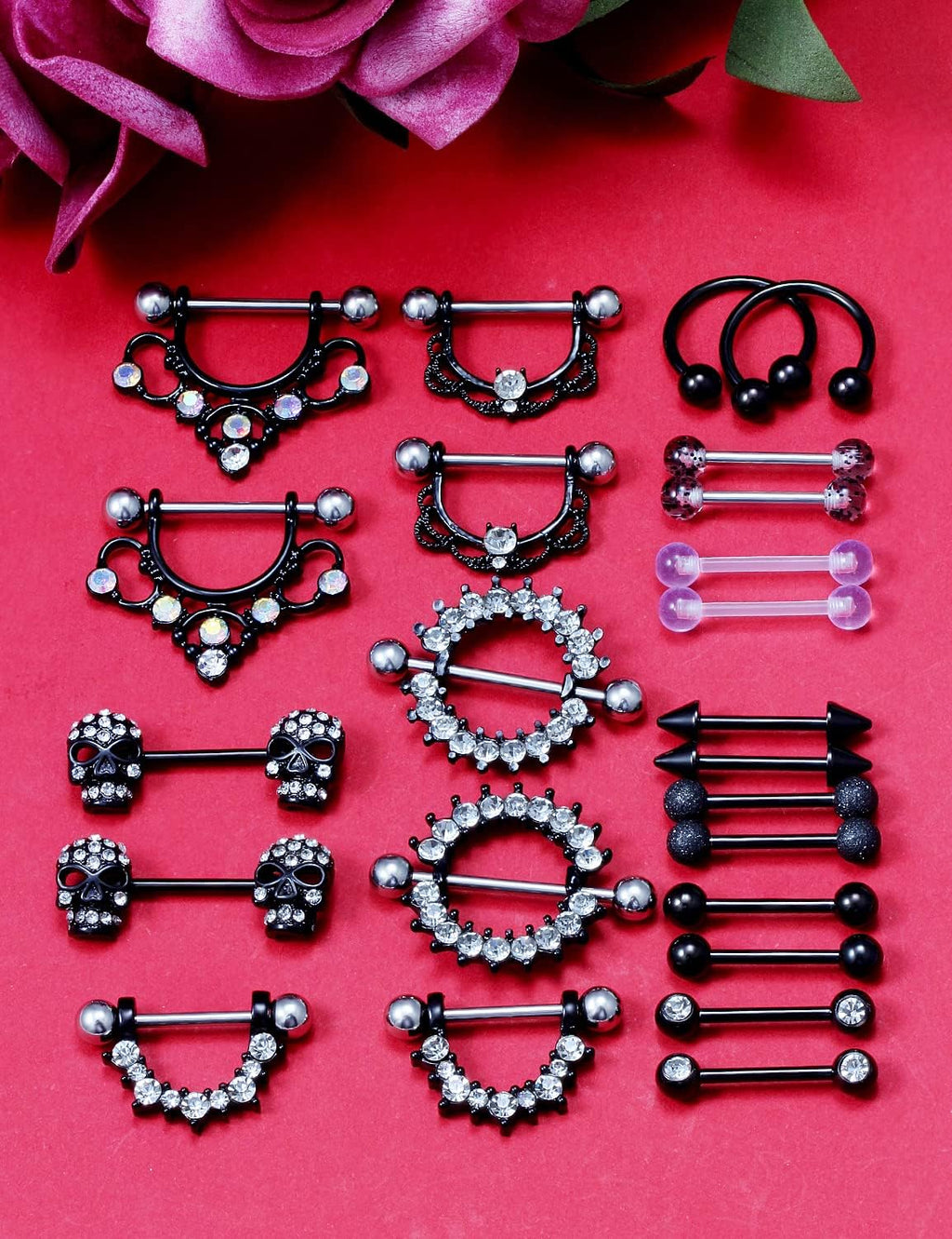 12 Pairs 14G Nipple Piercing Jewelry Surgical Steel Cubic Zirconia Nipple Rings Skull Nipple Piercing Jewelry for Women Men 14 Gauge Silver Black Rainbow Rose Gold - QIAO CrystalQIAO CrystalQIAO Crystal