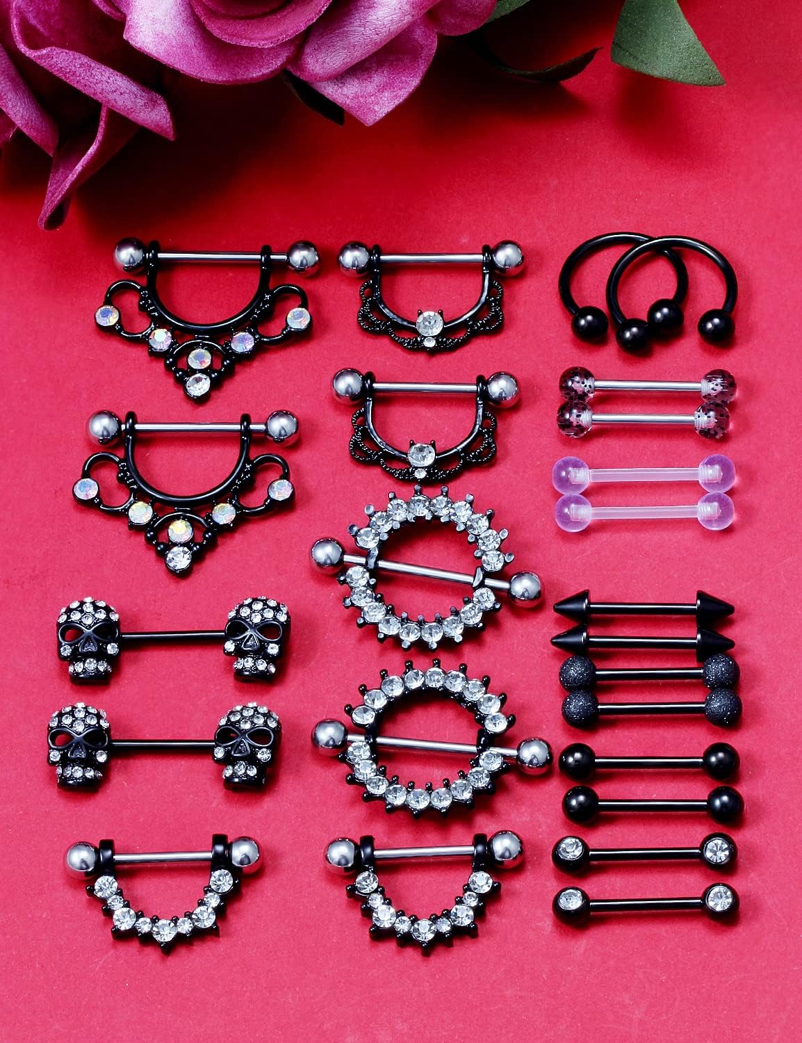 12 Pairs 14G Nipple Piercing Jewelry Surgical Steel Cubic Zirconia Nipple Rings Skull Nipple Piercing Jewelry for Women Men 14 Gauge Silver Black Rainbow Rose Gold - QIAO CrystalQIAO CrystalQIAO Crystal