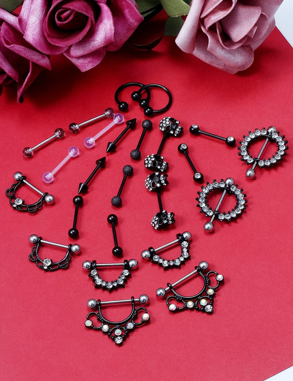 12 Pairs 14G Nipple Piercing Jewelry Surgical Steel Cubic Zirconia Nipple Rings Skull Nipple Piercing Jewelry for Women Men 14 Gauge Silver Black Rainbow Rose Gold - QIAO CrystalQIAO CrystalQIAO Crystal