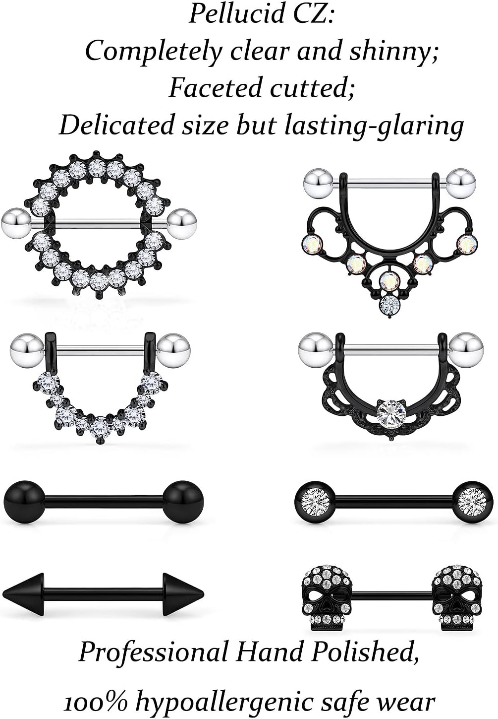 12 Pairs 14G Nipple Piercing Jewelry Surgical Steel Cubic Zirconia Nipple Rings Skull Nipple Piercing Jewelry for Women Men 14 Gauge Silver Black Rainbow Rose Gold - QIAO CrystalQIAO CrystalQIAO Crystal