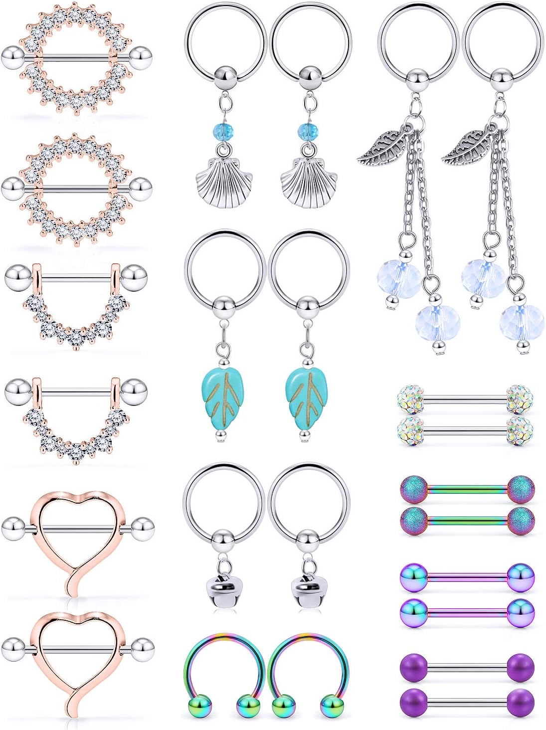 12 Pairs 14G Nipple Piercing Jewelry Surgical Steel Cubic Zirconia Nipple Rings Skull Nipple Piercing Jewelry for Women Men 14 Gauge Silver Black Rainbow Rose Gold - QIAO CrystalQIAO CrystalQIAO Crystal