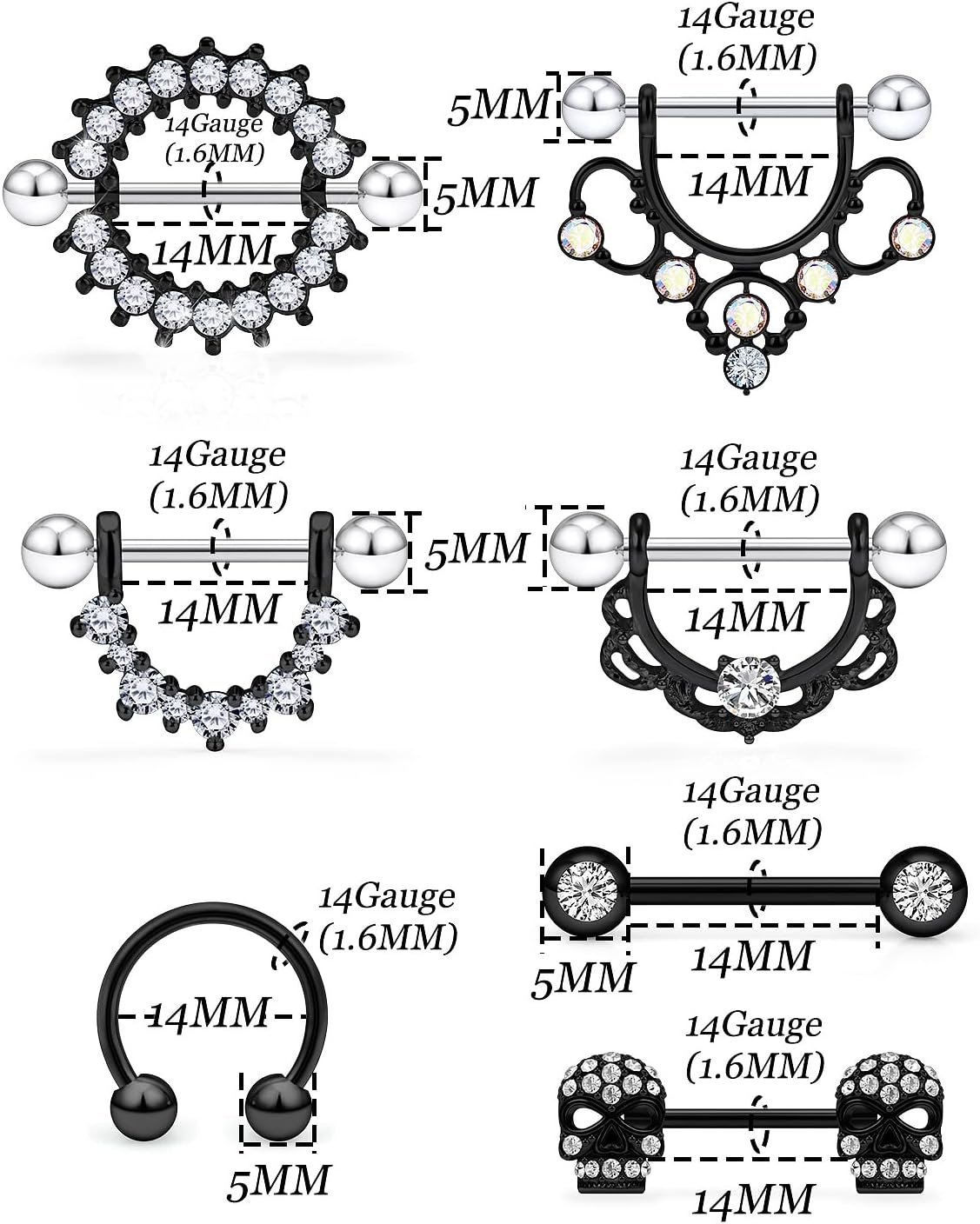 12 Pairs 14G Nipple Piercing Jewelry Surgical Steel Cubic Zirconia Nipple Rings Skull Nipple Piercing Jewelry for Women Men 14 Gauge Silver Black Rainbow Rose Gold - QIAO CrystalQIAO CrystalQIAO Crystal