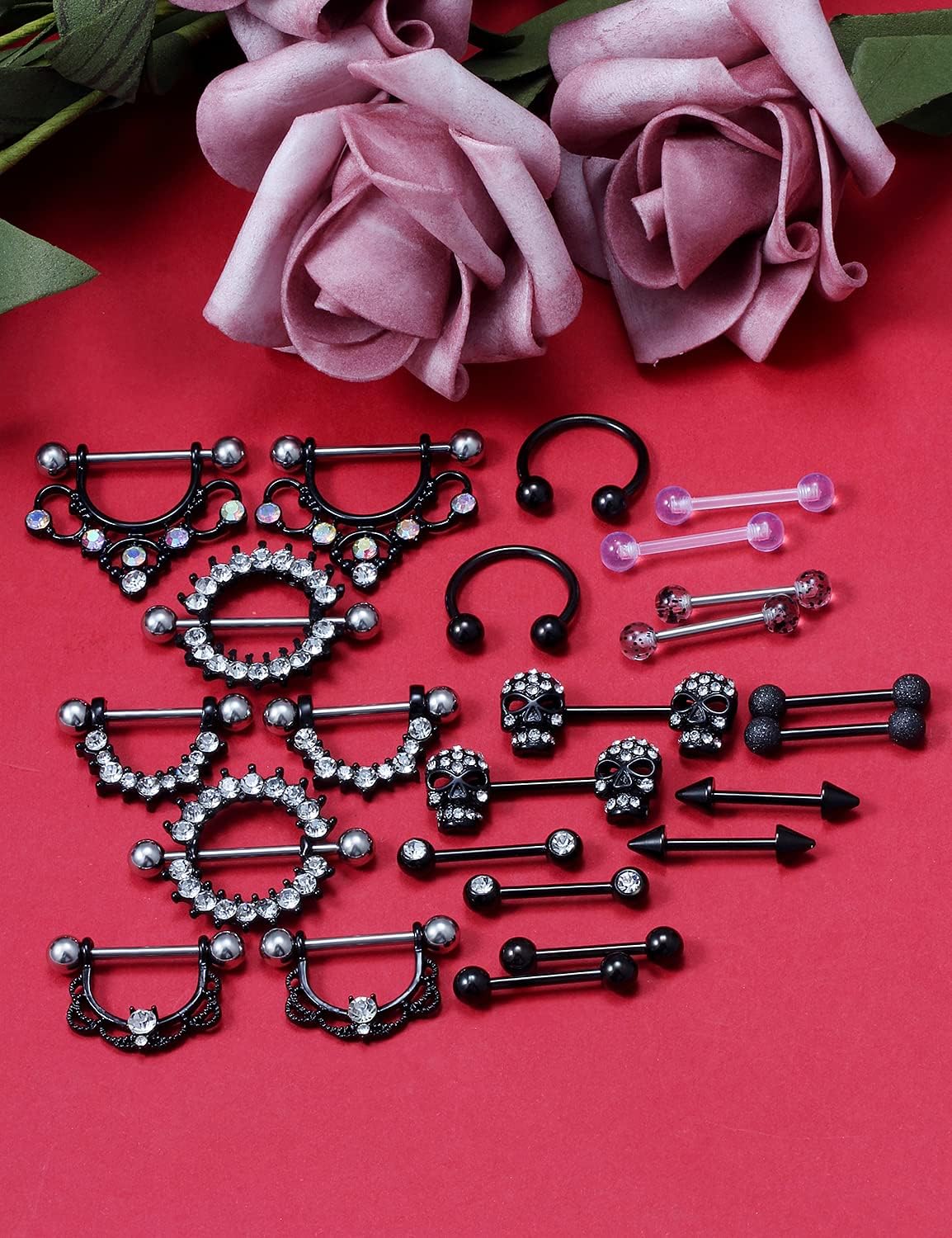 12 Pairs 14G Nipple Piercing Jewelry Surgical Steel Cubic Zirconia Nipple Rings Skull Nipple Piercing Jewelry for Women Men 14 Gauge Silver Black Rainbow Rose Gold - QIAO CrystalQIAO CrystalQIAO Crystal