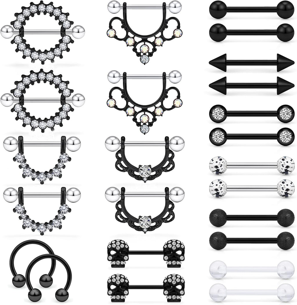 12 Pairs 14G Nipple Piercing Jewelry Surgical Steel Cubic Zirconia Nipple Rings Skull Nipple Piercing Jewelry for Women Men 14 Gauge Silver Black Rainbow Rose Gold - QIAO CrystalQIAO CrystalQIAO Crystal