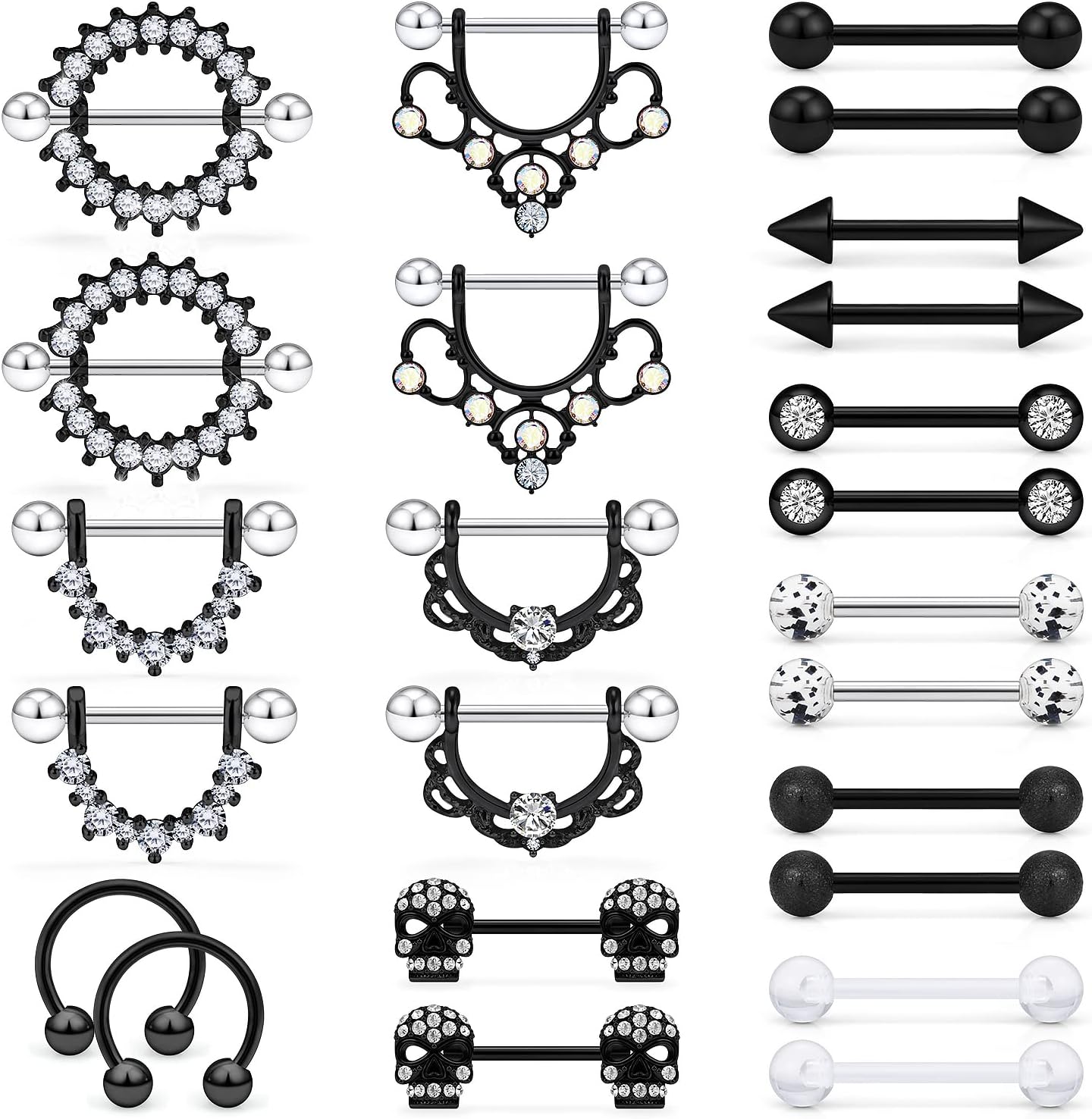 12 Pairs 14G Nipple Piercing Jewelry Surgical Steel Cubic Zirconia Nipple Rings Skull Nipple Piercing Jewelry for Women Men 14 Gauge Silver Black Rainbow Rose Gold - QIAO CrystalQIAO CrystalQIAO Crystal
